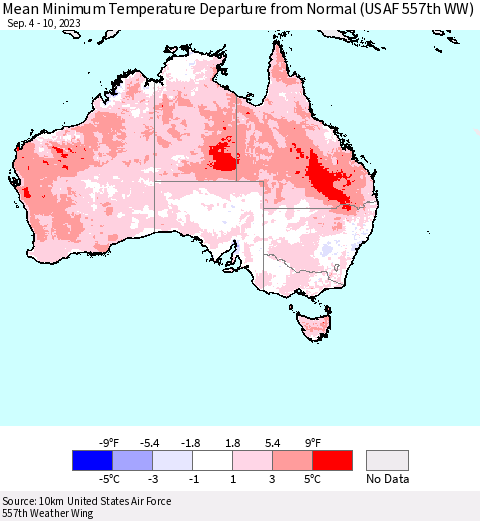 Australia Mean Minimum Temperature Departure from Normal (USAF 557th WW) Thematic Map For 9/4/2023 - 9/10/2023