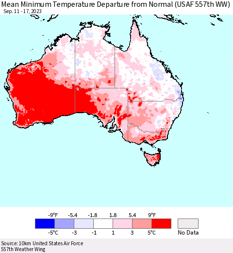 Australia Mean Minimum Temperature Departure from Normal (USAF 557th WW) Thematic Map For 9/11/2023 - 9/17/2023