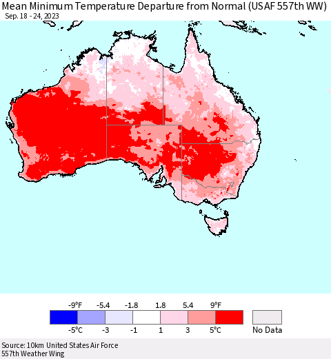 Australia Mean Minimum Temperature Departure from Normal (USAF 557th WW) Thematic Map For 9/18/2023 - 9/24/2023