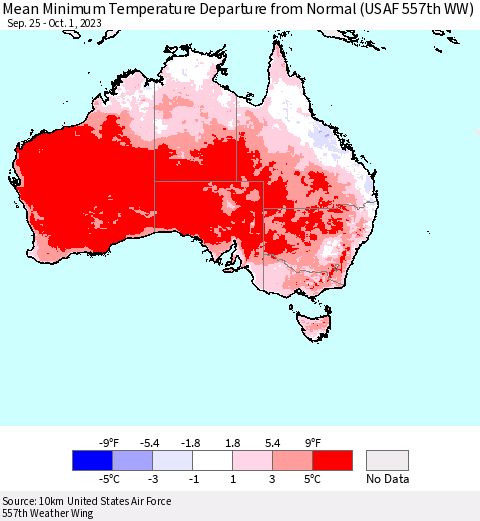 Australia Mean Minimum Temperature Departure from Normal (USAF 557th WW) Thematic Map For 9/25/2023 - 10/1/2023