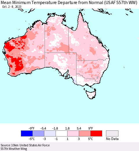 Australia Mean Minimum Temperature Departure from Normal (USAF 557th WW) Thematic Map For 10/2/2023 - 10/8/2023