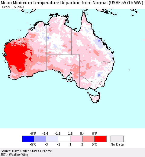 Australia Mean Minimum Temperature Departure from Normal (USAF 557th WW) Thematic Map For 10/9/2023 - 10/15/2023