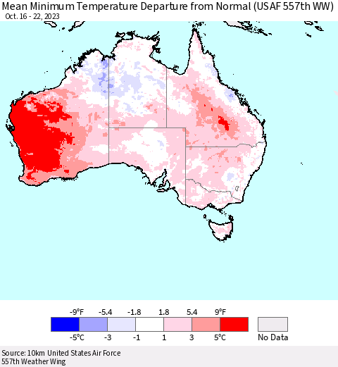 Australia Mean Minimum Temperature Departure from Normal (USAF 557th WW) Thematic Map For 10/16/2023 - 10/22/2023