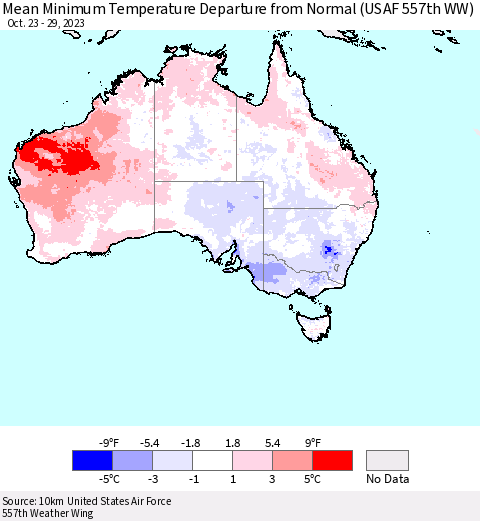 Australia Mean Minimum Temperature Departure from Normal (USAF 557th WW) Thematic Map For 10/23/2023 - 10/29/2023
