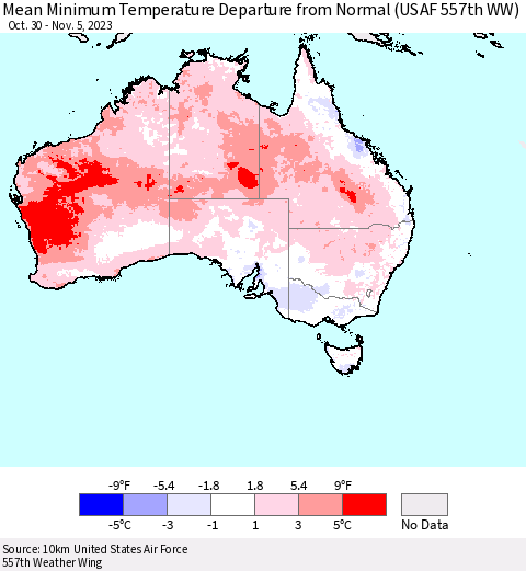 Australia Mean Minimum Temperature Departure from Normal (USAF 557th WW) Thematic Map For 10/30/2023 - 11/5/2023