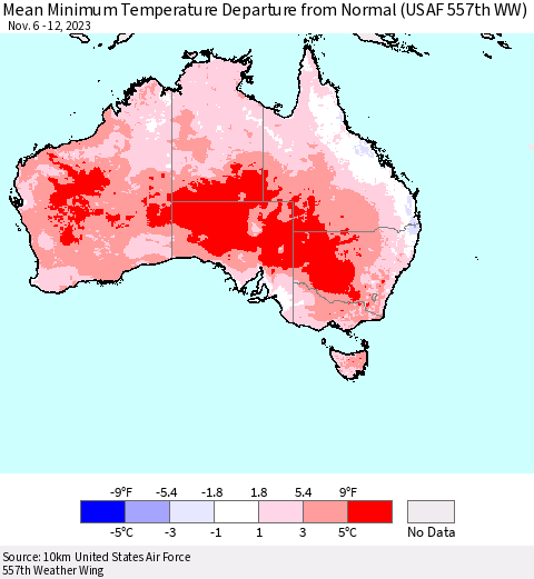 Australia Mean Minimum Temperature Departure from Normal (USAF 557th WW) Thematic Map For 11/6/2023 - 11/12/2023