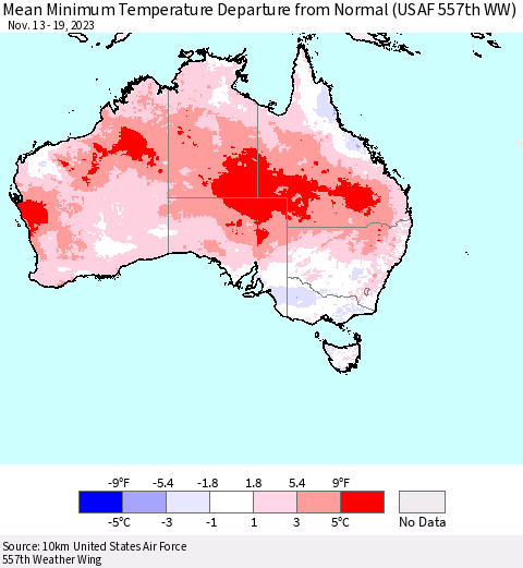 Australia Mean Minimum Temperature Departure from Normal (USAF 557th WW) Thematic Map For 11/13/2023 - 11/19/2023