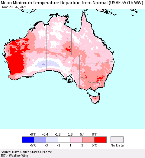 Australia Mean Minimum Temperature Departure from Normal (USAF 557th WW) Thematic Map For 11/20/2023 - 11/26/2023
