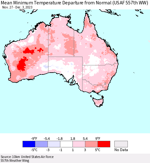 Australia Mean Minimum Temperature Departure from Normal (USAF 557th WW) Thematic Map For 11/27/2023 - 12/3/2023
