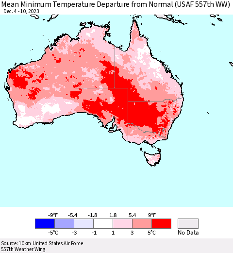 Australia Mean Minimum Temperature Departure from Normal (USAF 557th WW) Thematic Map For 12/4/2023 - 12/10/2023