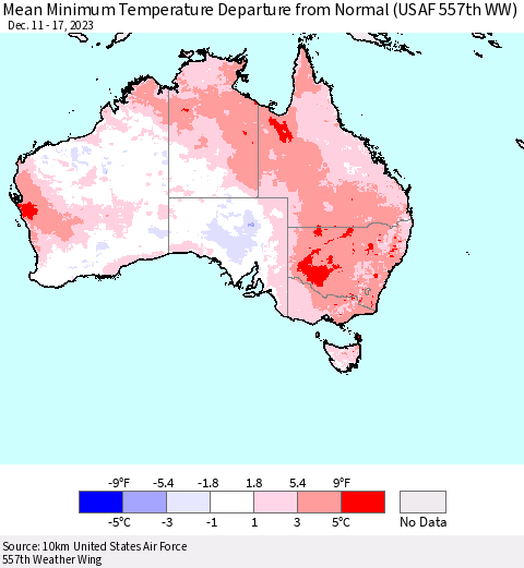 Australia Mean Minimum Temperature Departure from Normal (USAF 557th WW) Thematic Map For 12/11/2023 - 12/17/2023