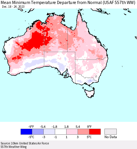Australia Mean Minimum Temperature Departure from Normal (USAF 557th WW) Thematic Map For 12/18/2023 - 12/24/2023