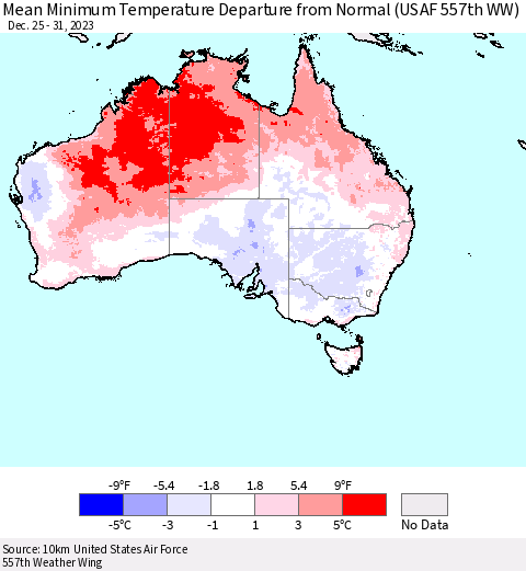 Australia Mean Minimum Temperature Departure from Normal (USAF 557th WW) Thematic Map For 12/25/2023 - 12/31/2023