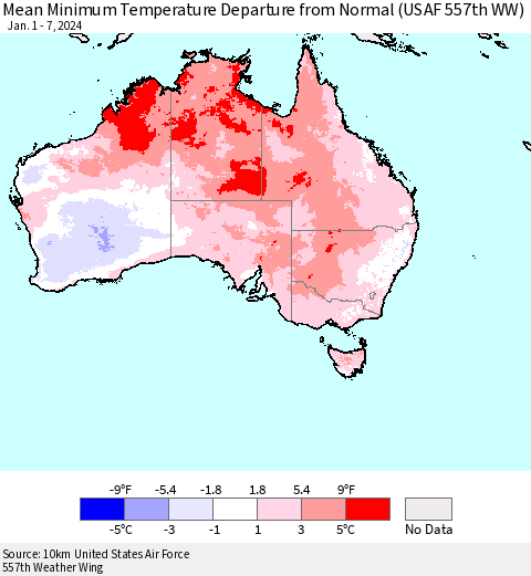 Australia Mean Minimum Temperature Departure from Normal (USAF 557th WW) Thematic Map For 1/1/2024 - 1/7/2024