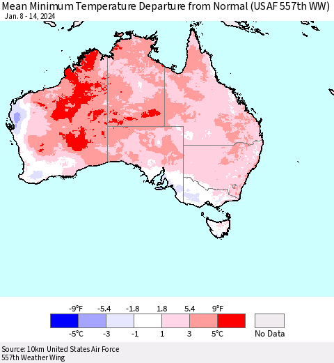 Australia Mean Minimum Temperature Departure from Normal (USAF 557th WW) Thematic Map For 1/8/2024 - 1/14/2024