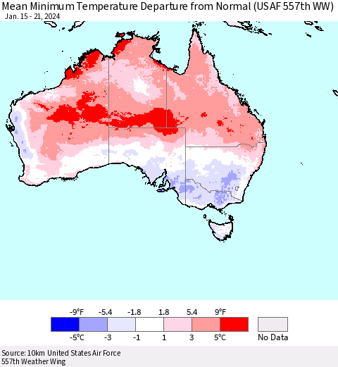 Australia Mean Minimum Temperature Departure from Normal (USAF 557th WW) Thematic Map For 1/15/2024 - 1/21/2024