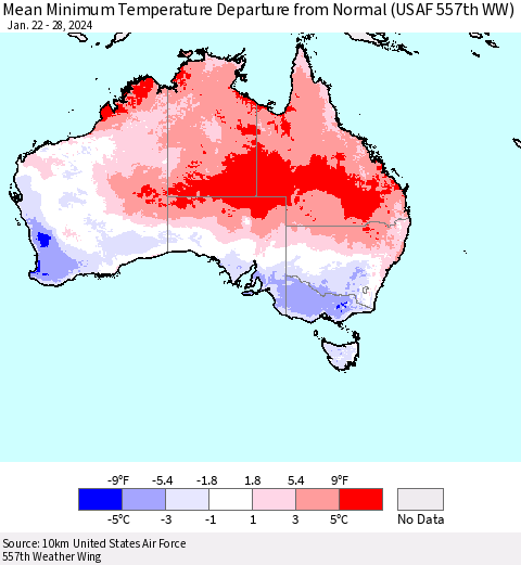 Australia Mean Minimum Temperature Departure from Normal (USAF 557th WW) Thematic Map For 1/22/2024 - 1/28/2024
