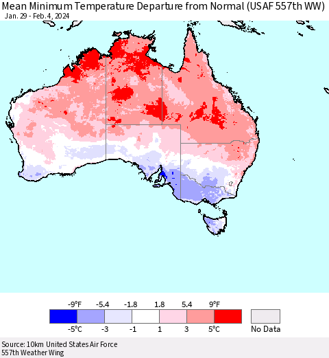 Australia Mean Minimum Temperature Departure from Normal (USAF 557th WW) Thematic Map For 1/29/2024 - 2/4/2024