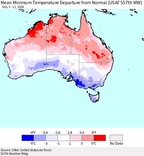 Australia Mean Minimum Temperature Departure from Normal (USAF 557th WW) Thematic Map For 2/5/2024 - 2/11/2024