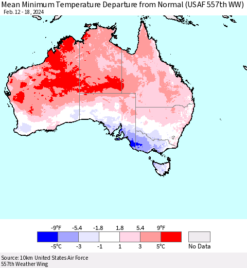 Australia Mean Minimum Temperature Departure from Normal (USAF 557th WW) Thematic Map For 2/12/2024 - 2/18/2024