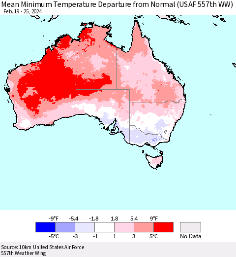 Australia Mean Minimum Temperature Departure from Normal (USAF 557th WW) Thematic Map For 2/19/2024 - 2/25/2024