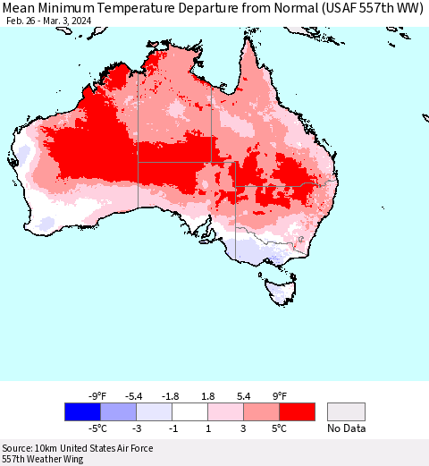 Australia Mean Minimum Temperature Departure from Normal (USAF 557th WW) Thematic Map For 2/26/2024 - 3/3/2024