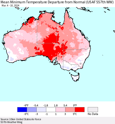 Australia Mean Minimum Temperature Departure from Normal (USAF 557th WW) Thematic Map For 3/4/2024 - 3/10/2024