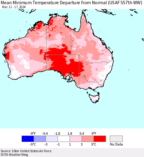 Australia Mean Minimum Temperature Departure from Normal (USAF 557th WW) Thematic Map For 3/11/2024 - 3/17/2024