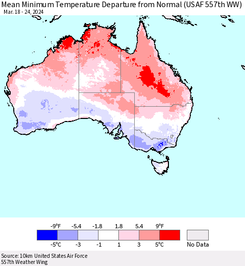 Australia Mean Minimum Temperature Departure from Normal (USAF 557th WW) Thematic Map For 3/18/2024 - 3/24/2024