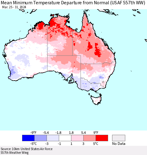 Australia Mean Minimum Temperature Departure from Normal (USAF 557th WW) Thematic Map For 3/25/2024 - 3/31/2024