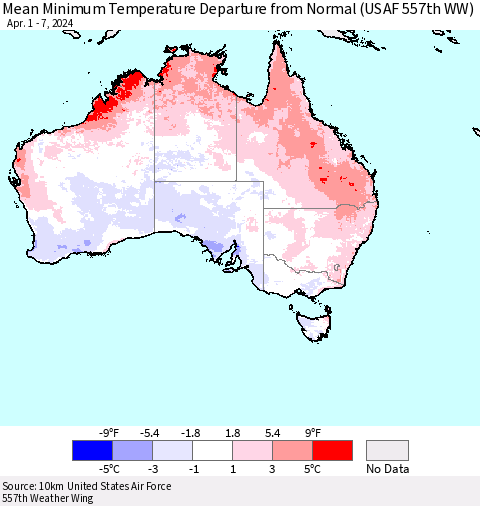 Australia Mean Minimum Temperature Departure from Normal (USAF 557th WW) Thematic Map For 4/1/2024 - 4/7/2024