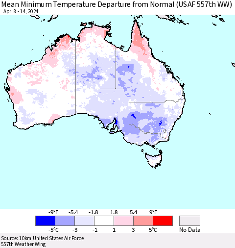Australia Mean Minimum Temperature Departure from Normal (USAF 557th WW) Thematic Map For 4/8/2024 - 4/14/2024