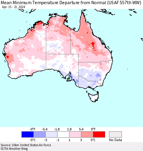 Australia Mean Minimum Temperature Departure from Normal (USAF 557th WW) Thematic Map For 4/15/2024 - 4/21/2024