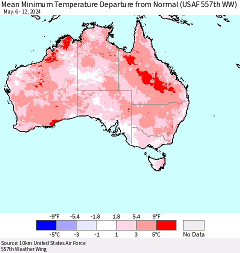 Australia Mean Minimum Temperature Departure from Normal (USAF 557th WW) Thematic Map For 5/6/2024 - 5/12/2024