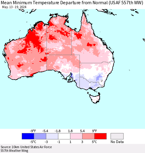 Australia Mean Minimum Temperature Departure from Normal (USAF 557th WW) Thematic Map For 5/13/2024 - 5/19/2024
