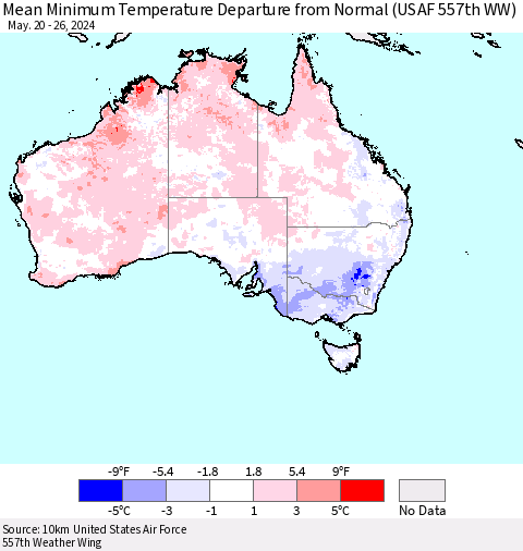 Australia Mean Minimum Temperature Departure from Normal (USAF 557th WW) Thematic Map For 5/20/2024 - 5/26/2024