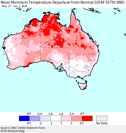 Australia Mean Minimum Temperature Departure from Normal (USAF 557th WW) Thematic Map For 5/27/2024 - 6/2/2024