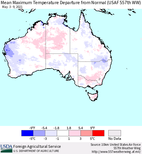 Australia Mean Maximum Temperature Departure from Normal (USAF 557th WW) Thematic Map For 5/3/2021 - 5/9/2021