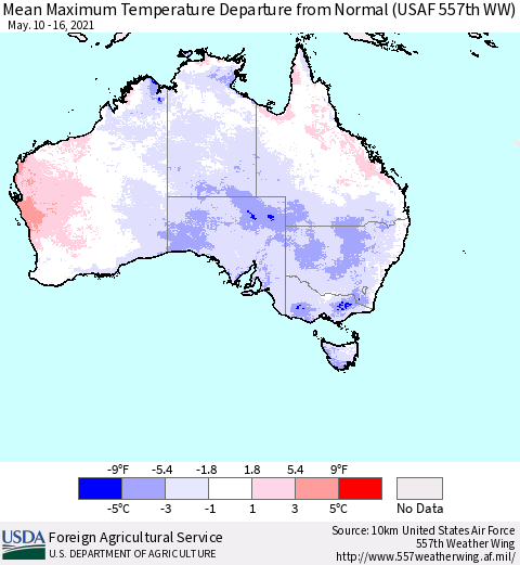Australia Mean Maximum Temperature Departure from Normal (USAF 557th WW) Thematic Map For 5/10/2021 - 5/16/2021