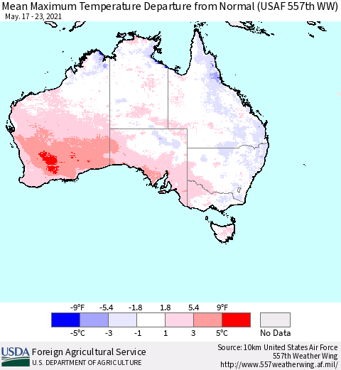 Australia Mean Maximum Temperature Departure from Normal (USAF 557th WW) Thematic Map For 5/17/2021 - 5/23/2021