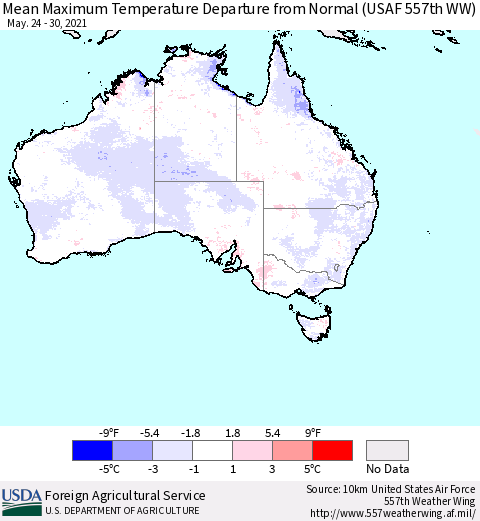 Australia Mean Maximum Temperature Departure from Normal (USAF 557th WW) Thematic Map For 5/24/2021 - 5/30/2021