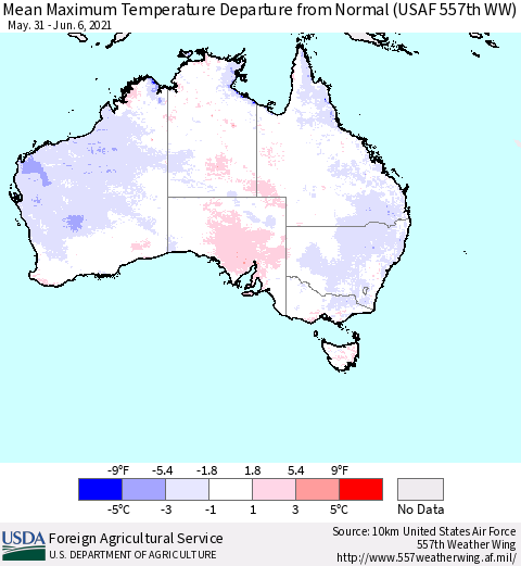 Australia Mean Maximum Temperature Departure from Normal (USAF 557th WW) Thematic Map For 5/31/2021 - 6/6/2021