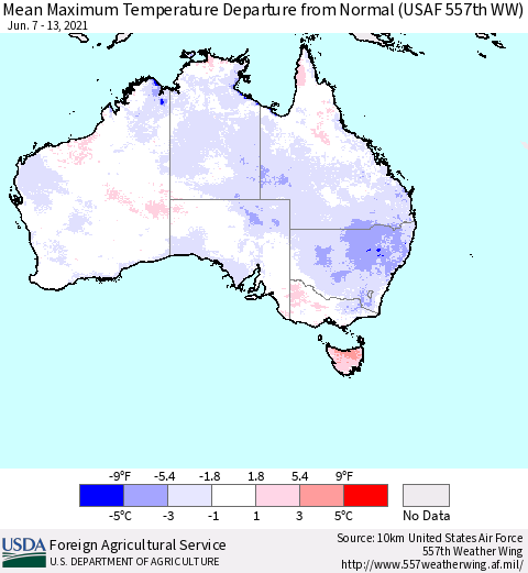 Australia Mean Maximum Temperature Departure from Normal (USAF 557th WW) Thematic Map For 6/7/2021 - 6/13/2021