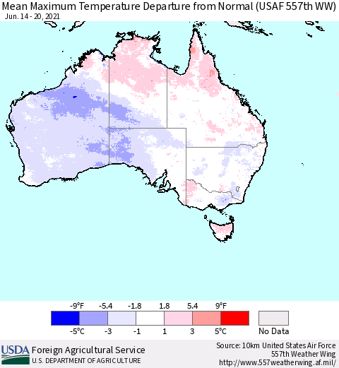 Australia Mean Maximum Temperature Departure from Normal (USAF 557th WW) Thematic Map For 6/14/2021 - 6/20/2021