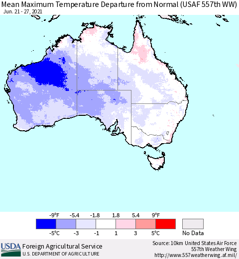 Australia Mean Maximum Temperature Departure from Normal (USAF 557th WW) Thematic Map For 6/21/2021 - 6/27/2021