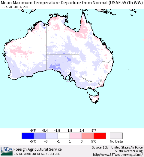 Australia Mean Maximum Temperature Departure from Normal (USAF 557th WW) Thematic Map For 6/28/2021 - 7/4/2021