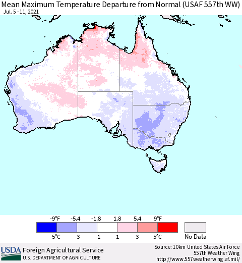 Australia Mean Maximum Temperature Departure from Normal (USAF 557th WW) Thematic Map For 7/5/2021 - 7/11/2021