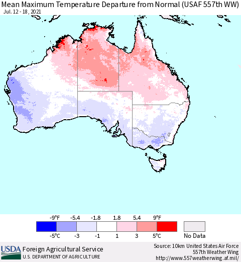 Australia Mean Maximum Temperature Departure from Normal (USAF 557th WW) Thematic Map For 7/12/2021 - 7/18/2021