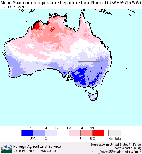 Australia Mean Maximum Temperature Departure from Normal (USAF 557th WW) Thematic Map For 7/19/2021 - 7/25/2021