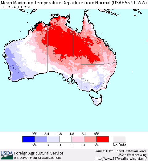 Australia Mean Maximum Temperature Departure from Normal (USAF 557th WW) Thematic Map For 7/26/2021 - 8/1/2021